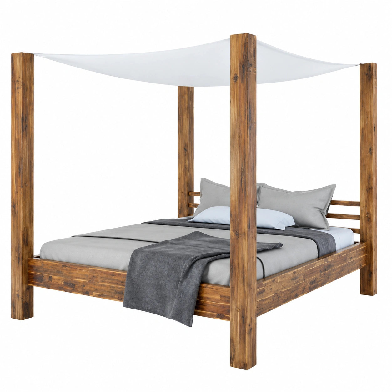 Romantisches Himmelbett Ella 180x200 cm aus Akazienholz mit Stoffhimmel im Landhausstil