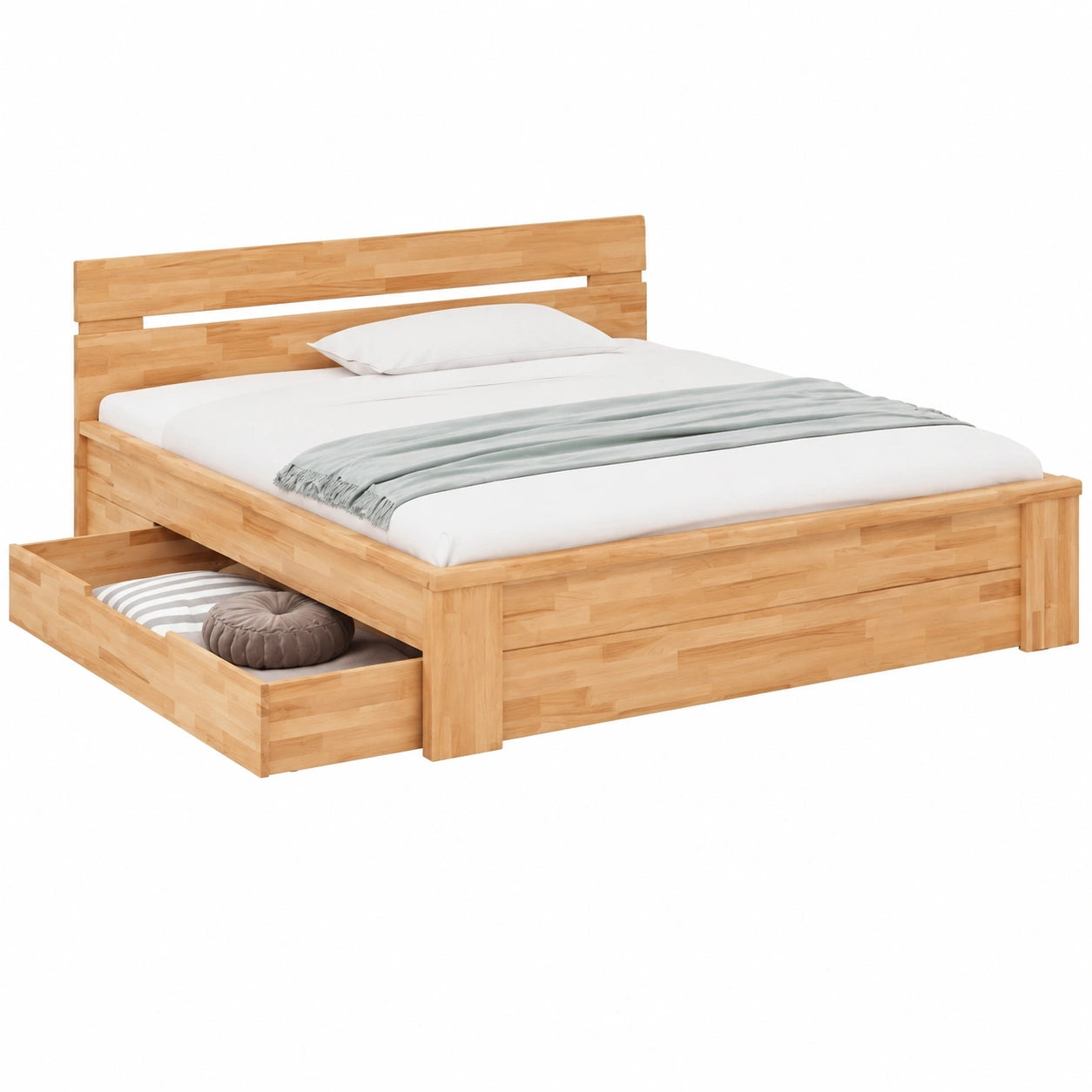 Tamira Doppelbett aus Massivholz, 140x200 cm, geölte Kernbuche, mit Stauraum und Schubladen, natürliche Komfort-Höhe, Parkettverleimt, belastbar bis 160 kg