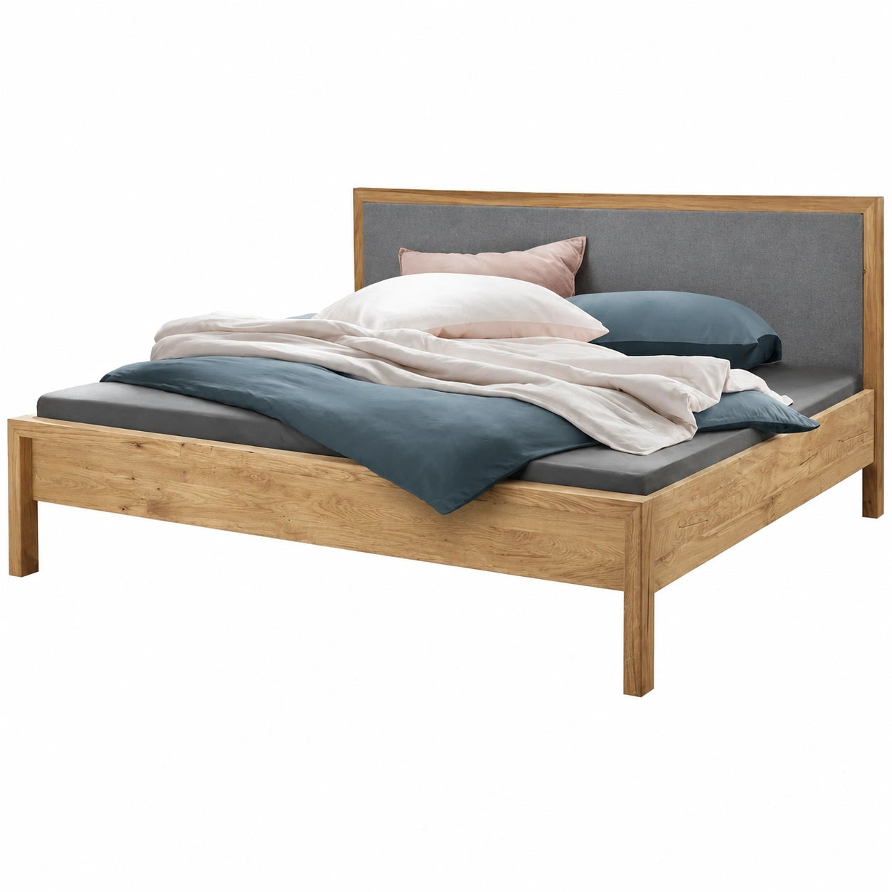 Massivholz Doppelbett mit Polsterkopfteil, 200x200 cm, Eiche