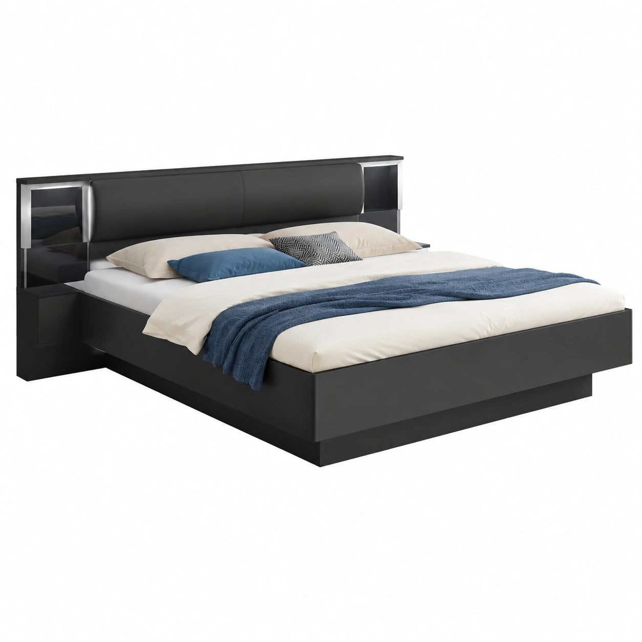 Modernes Schlafzimmer-Set mit Schwebetürenschrank und LED-Nachtschrank, Bett 180x200cm mit Schubkasten, inklusive Kommode in Schwarz-Graphit