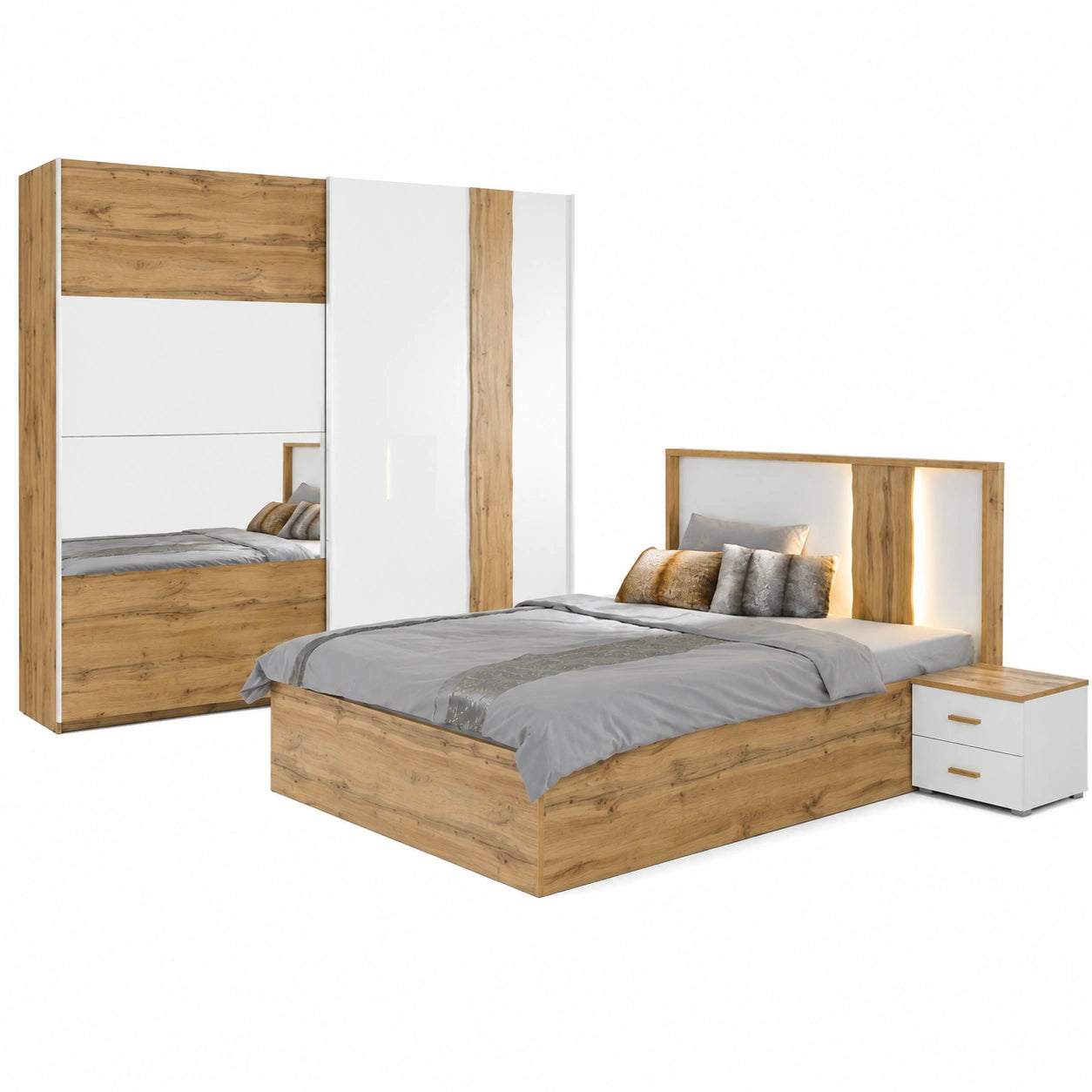 Komplettes Schlafzimmer-Set aus Eiche und Weiß, 4-teilig, mit 200 cm Kleiderschrank und 160x200 cm Doppelbett inklusive Lattenrost und Nachttische