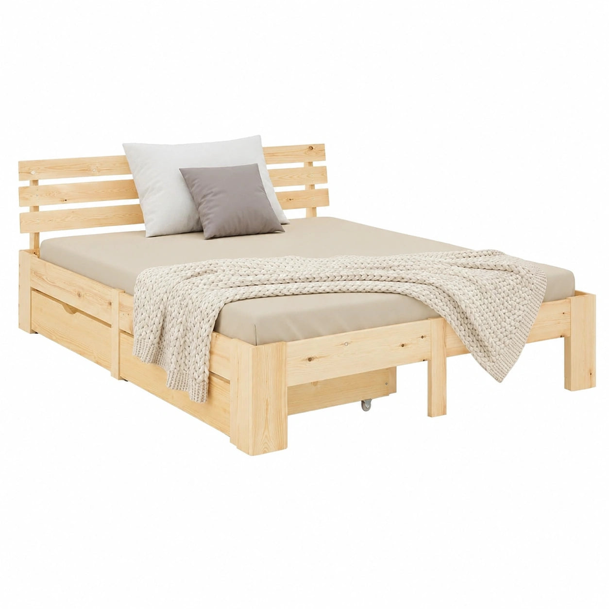 Natürliches Holzbett 140x200 mit Schubladen und Lattenrost