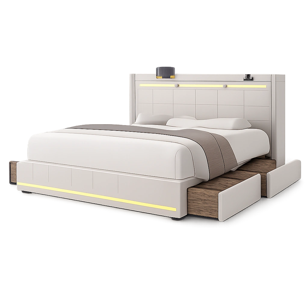 Modernes Polsterbett 180x200 cm mit LED-Beleuchtung, USB-Anschluss und Stauraum