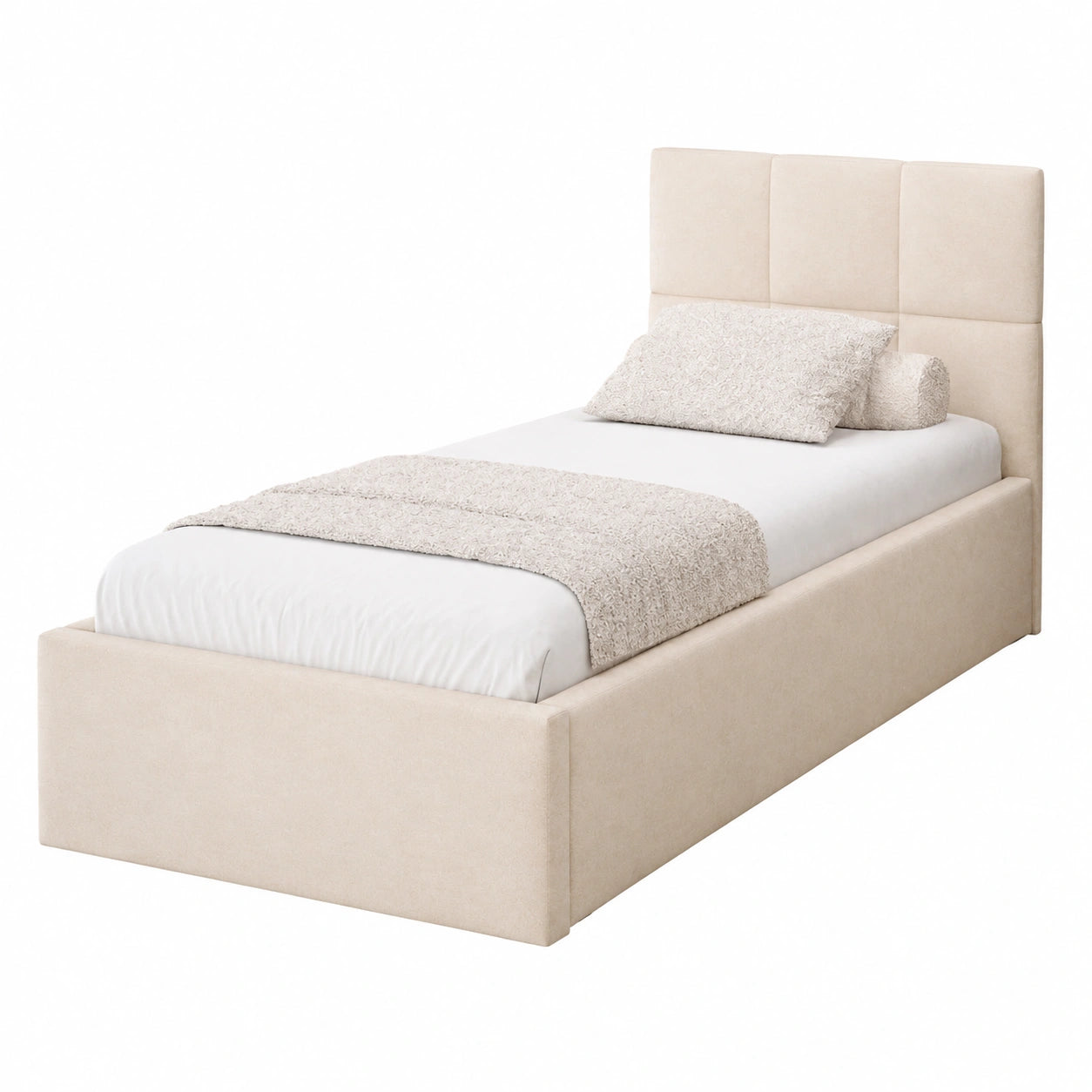 Modernes Polsterbett 100x200 mit Stauraum, Metallrahmen, Oeko-TEX Zertifikat, EU-Herstellung, Beige