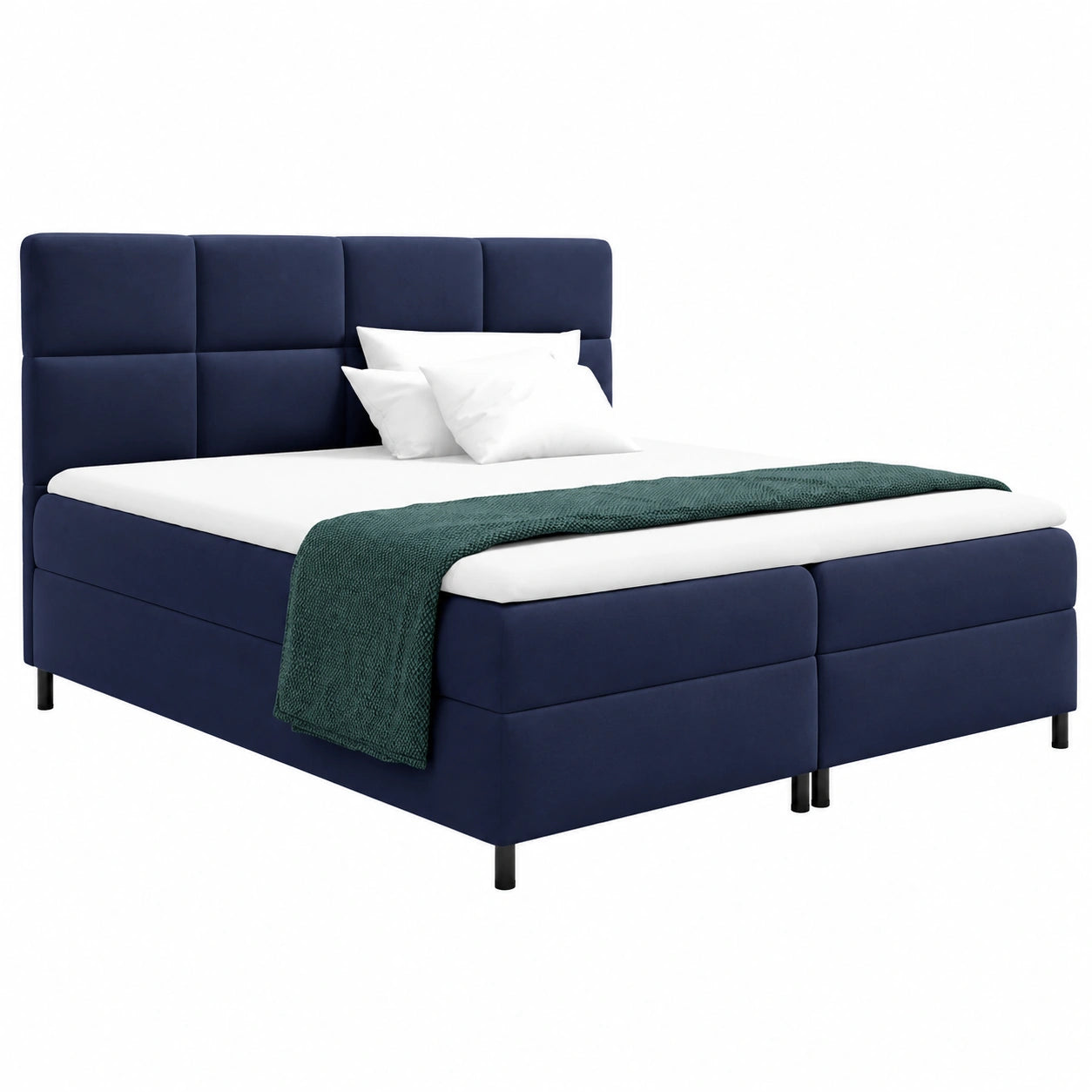 Komfortables Doppelbett Ilka mit Stauraum und Polsterkopfteil, inklusive H3-Matratze, Dunkelblau, 200x200 cm