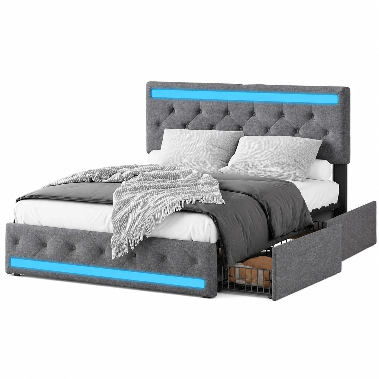 Modernes Polsterbett 140x200 cm mit LED, USB und Stauraum, Dunkelgrau