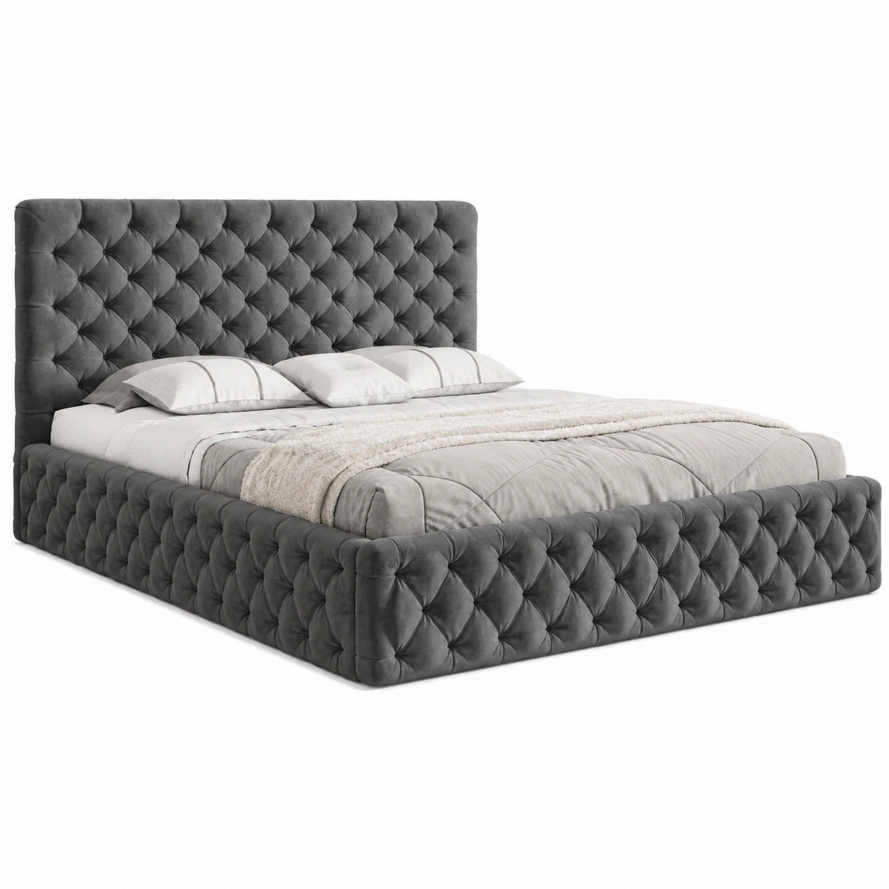 Elegantes Chesterfield-Samtbett 160x200 Grau mit Stauraum und Kopfteil