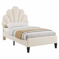 Merax Samt Einzelbett 90x200 cm, Kinderbett mit Blumen-Kopfteil, Lattenrost inklusive, Beige