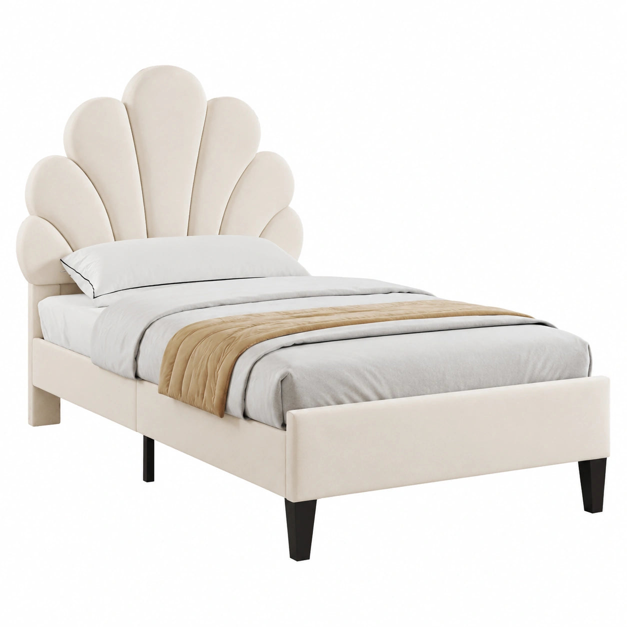 Merax Samt Einzelbett 90x200 cm, Kinderbett mit Blumen-Kopfteil, Lattenrost inklusive, Beige