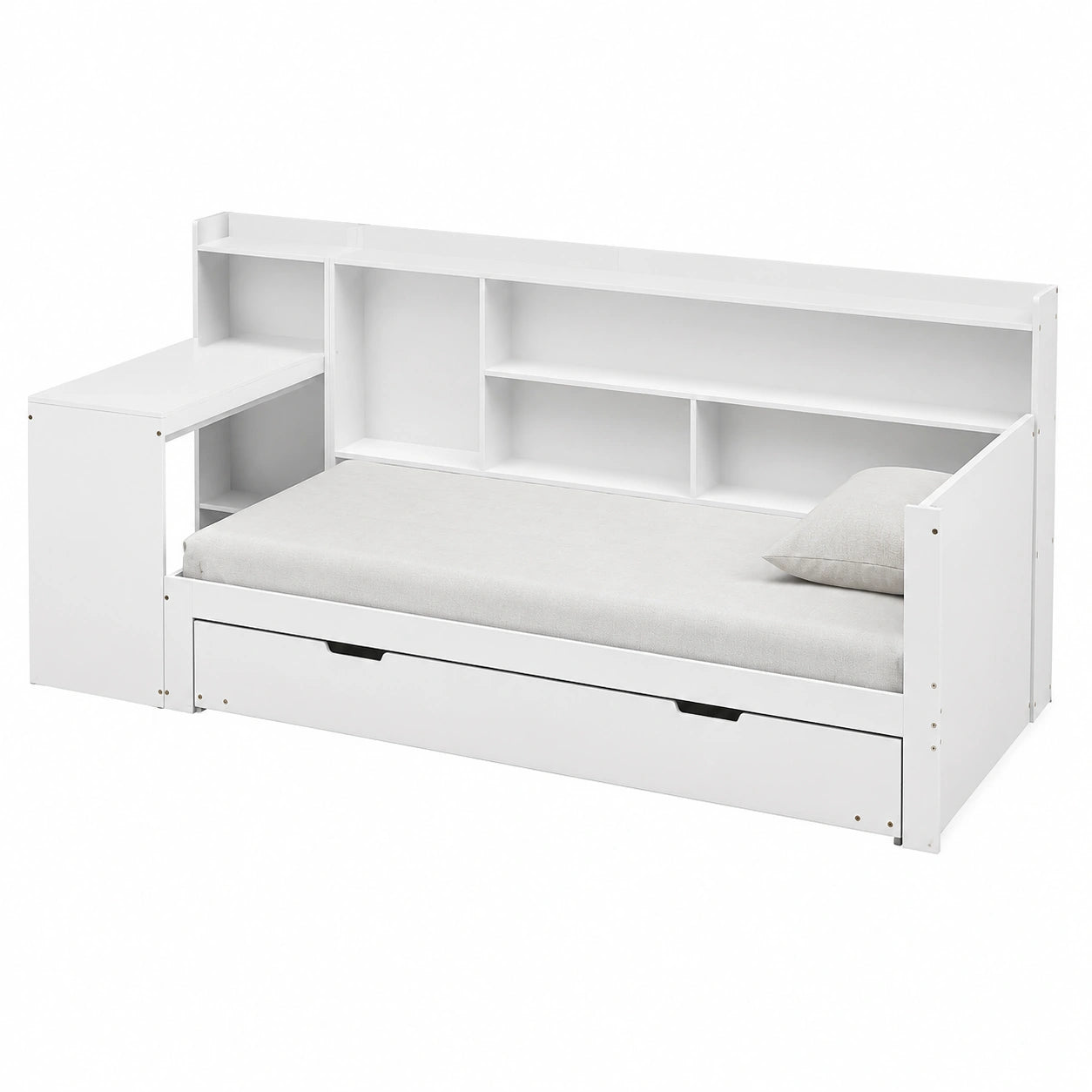 Multifunktionales Schlafsofa 90x200cm mit Schreibtisch und Regal, Tagesbett mit Ausziehfunktion und Steckdose, ideal für Gästezimmer, Weiß, Ohne Matratze
