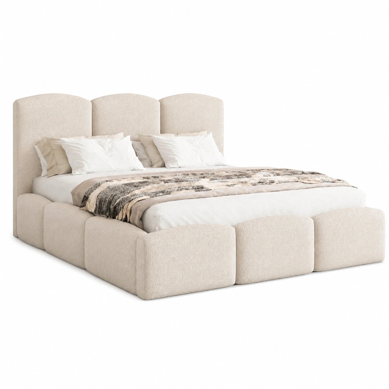 MOTIVENA Polsterbett 180x200 Beige Bouclé mit Bettkasten und Kopfteil