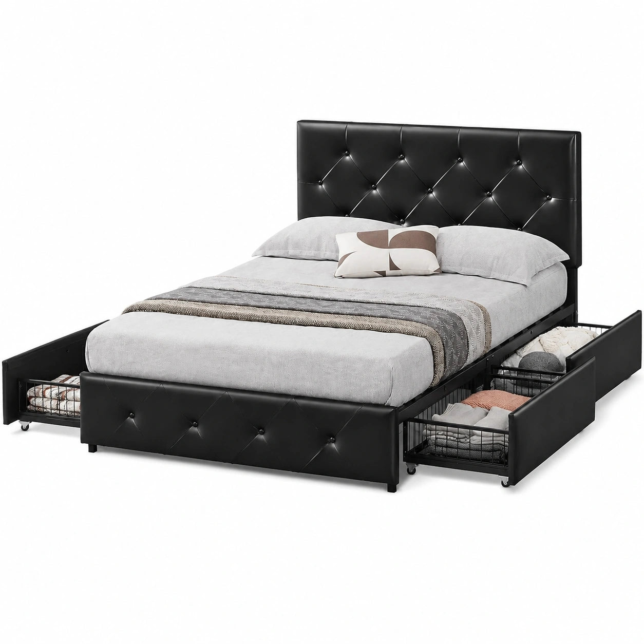 Yaheetech Doppelbett 140x200 cm mit verstellbarem Kopfteil und Lattenrost, Stoffbezug, Stauraum Schwarz